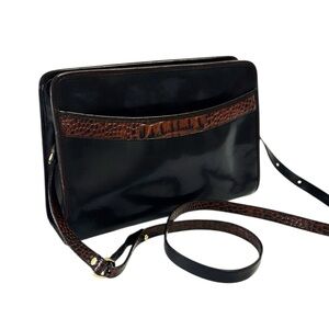 BRAHMIN Vintage Shoulder Bag Black Leather Sheen With Croc Accents EUC